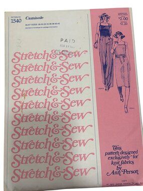 Stretch & Sew Camisole Sewing Pattern No. 1540 Bust Sizes 28-42 1977